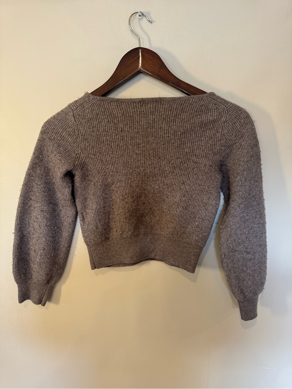 Babaton Taupe Ribbed Cropped Balloon Sleeve Sweater Size S - Picture 5 of 7